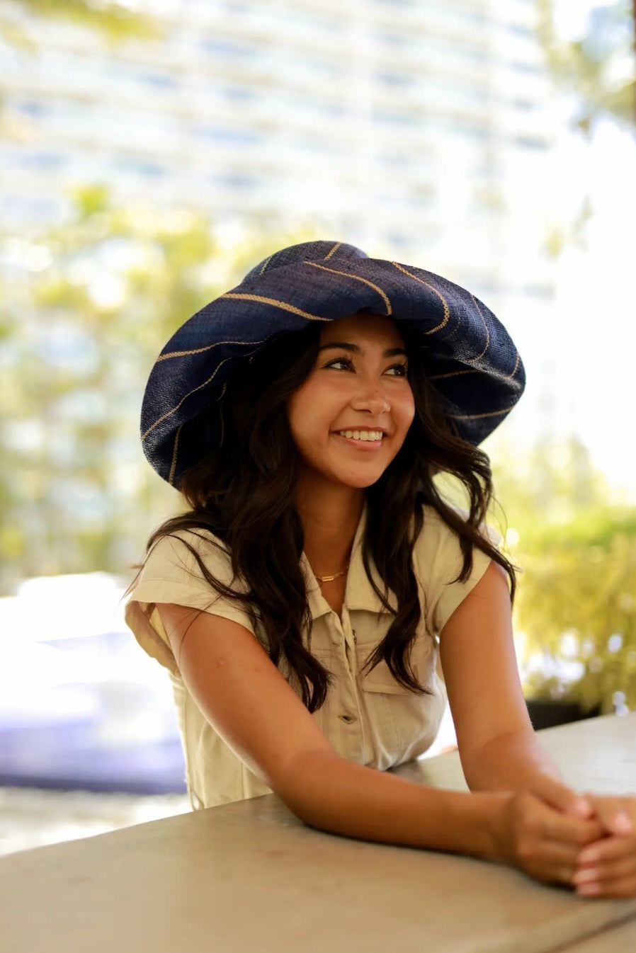 Madagascar Sun Hat Blue Pinstripe - 7 Inch Brim