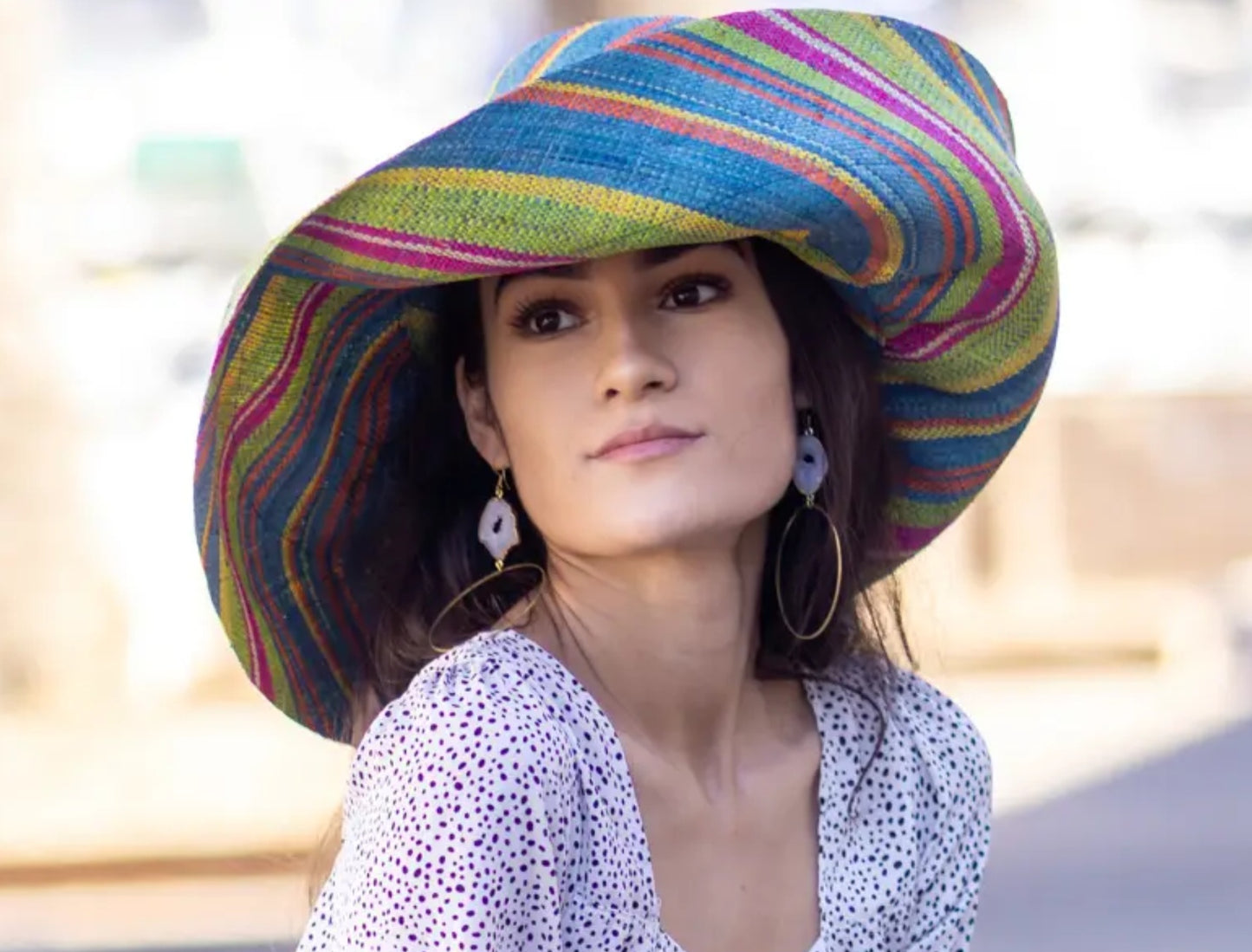 Madagascar Sun Hat Multicolor Turquoise and Lime Stripes  - 7 Inch Brim