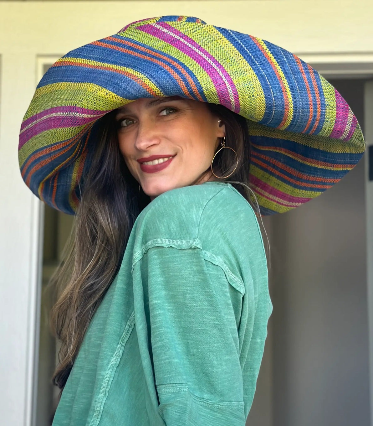 Madagascar Sun Hat Multicolor Turquoise and Lime Stripes  - 7 Inch Brim