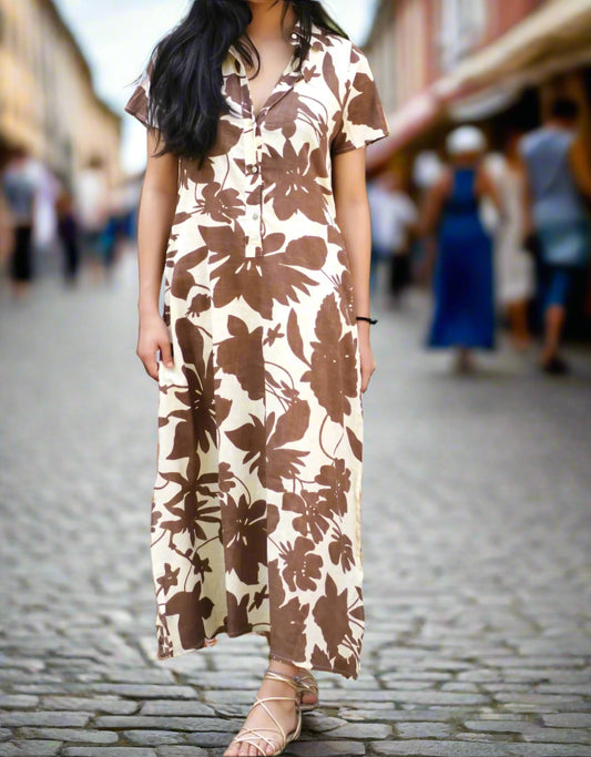 Bold Floral Pullover Dress - Mocha and Beige