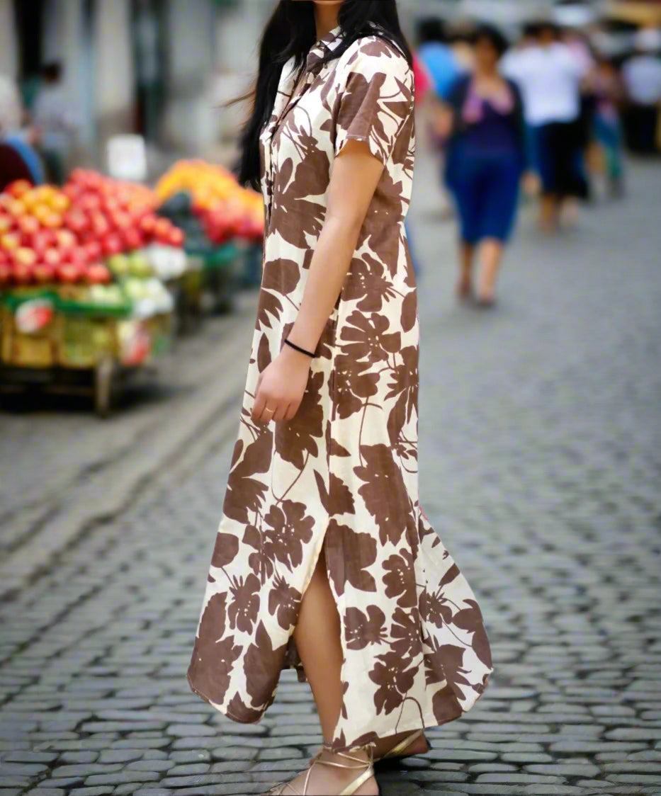 Bold Floral Pullover Dress - Mocha and Beige