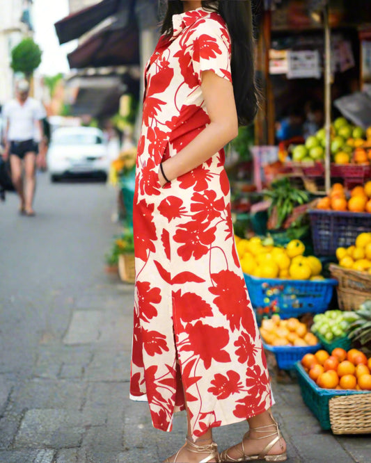Bold Floral Pullover Dress - Rust Red and Beige