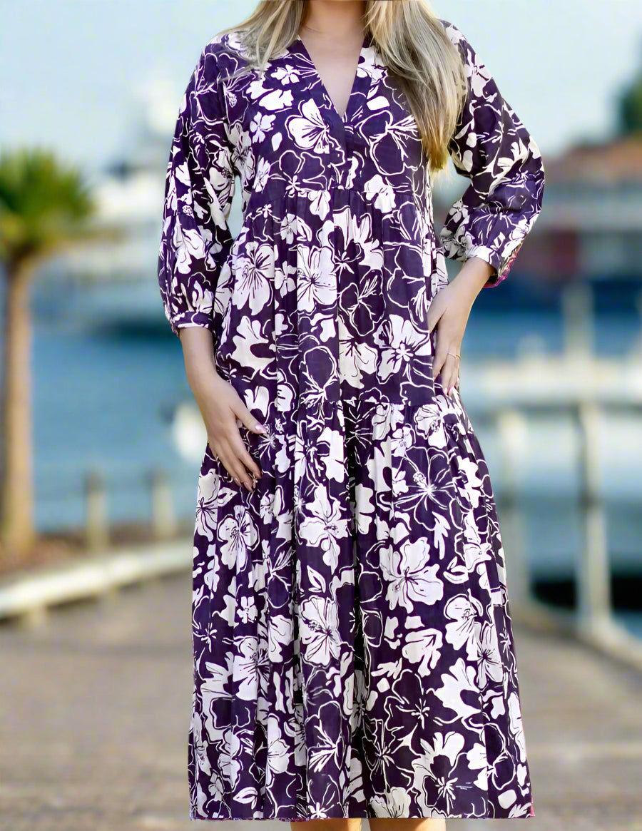 Black and Beige Block Print Floral Maxi Dress