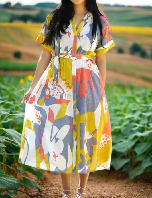 Block Print Flower Shirt Dress Sunset tones