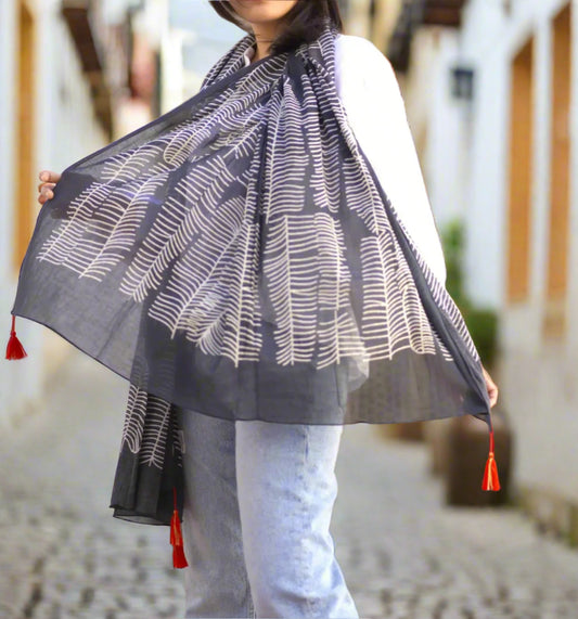 Feather Block Print Scarf with Tassels